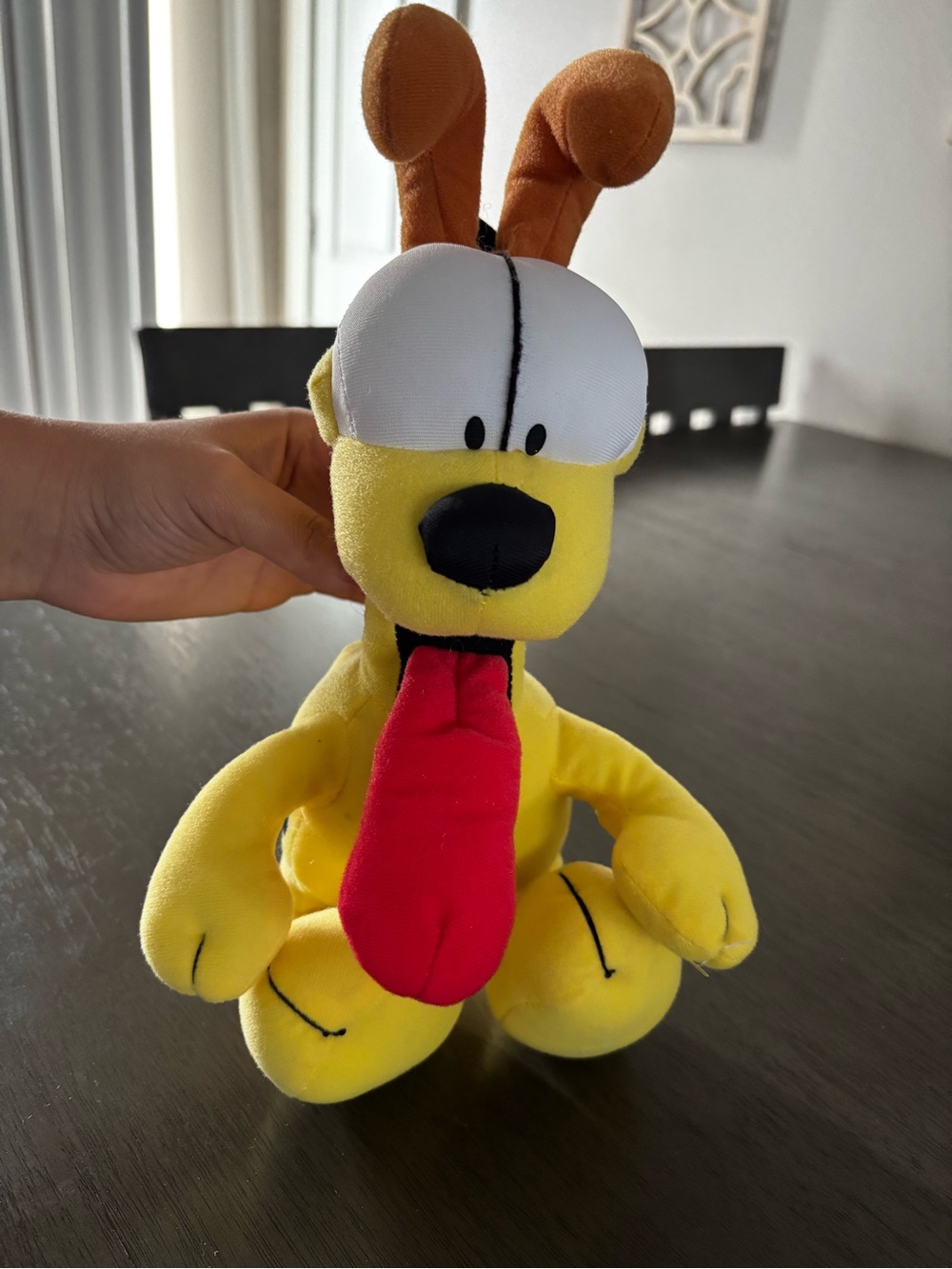 Yellow Plush Cartoon Dog Toy with Red Tongue and Brown Ears